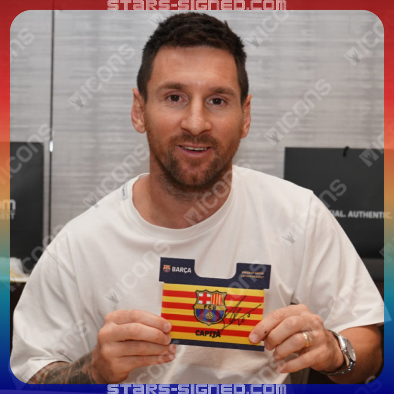 Lionel Messi Signed FC Barcelona Captain Armband Icons Frame